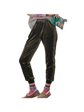 Driftwood Pants Medium Davey Embroidered Velvet Jogger Green Polyester Blend